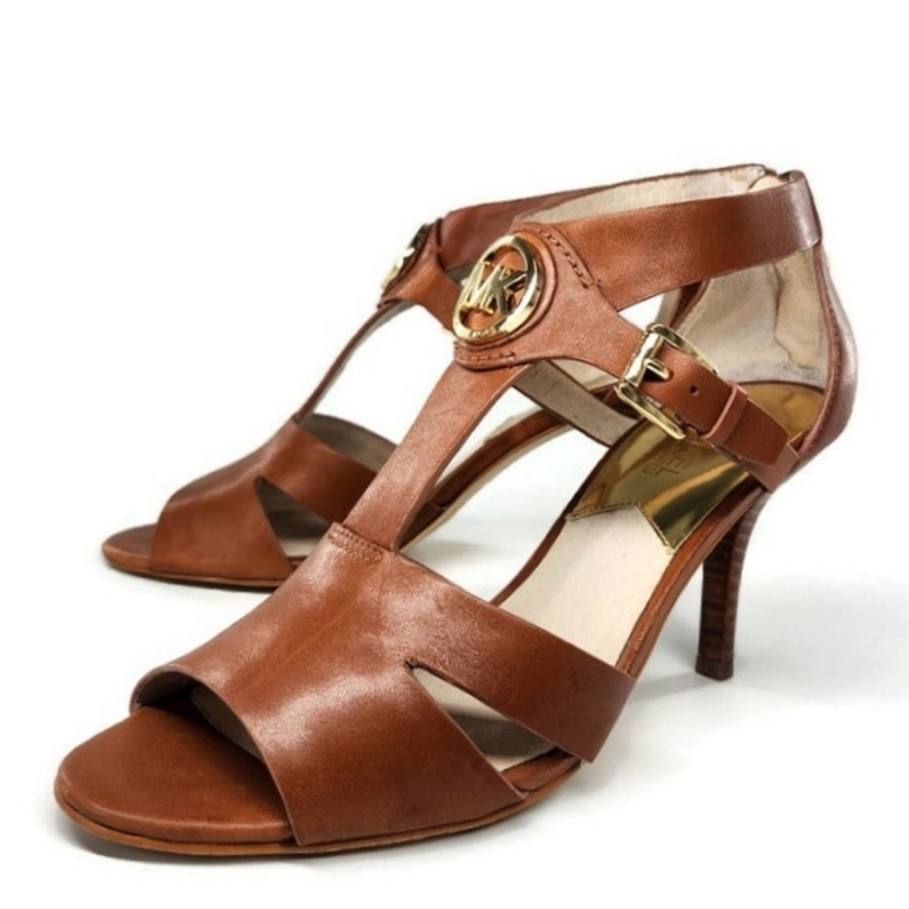 Michael Kors Brown Leather T-Strap Open-Toe Back Zip Gold Logo High Heel Sandals